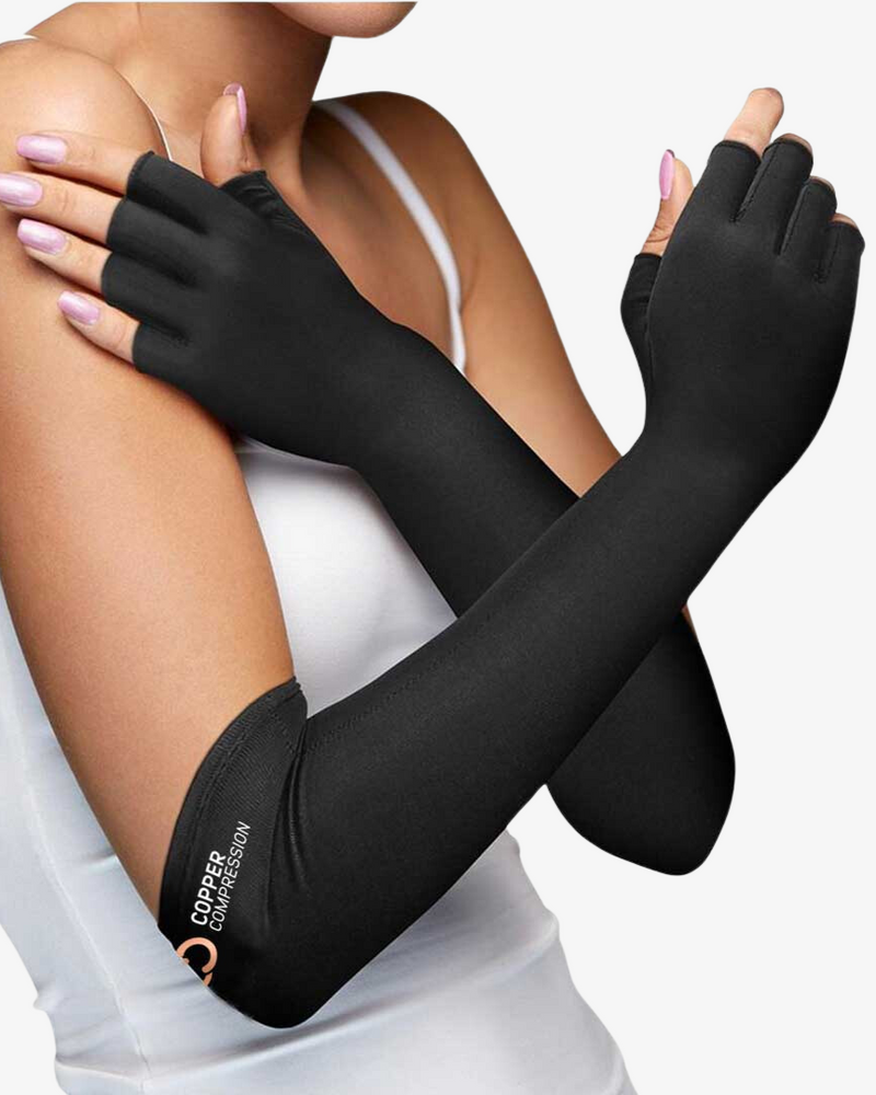 Copper Compression Long Arthritis Gloves, the long black fingerless gloves worn up the forearms