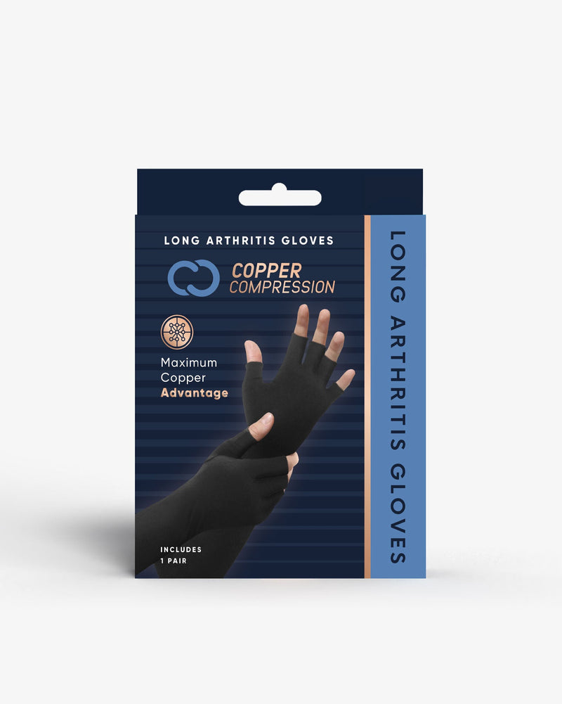 Copper Compression Long Arthritis Gloves, the retail box for the long arthritis gloves