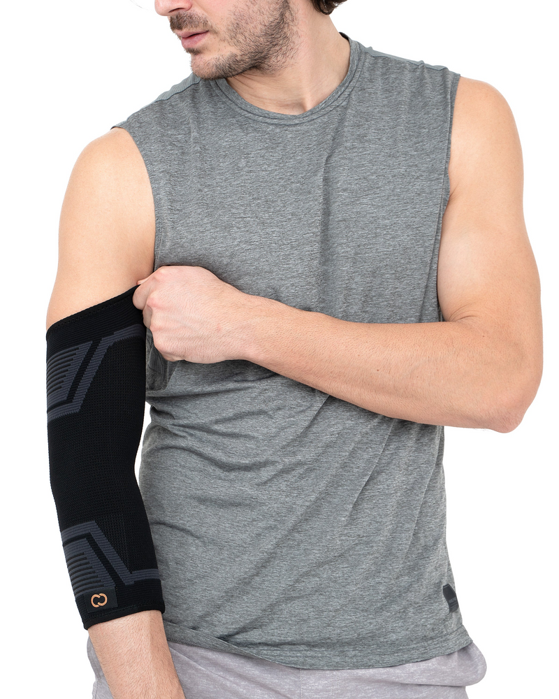 Copper Compression PowerKnit Elbow Sleeve, the PowerKnit elbow sleeve worn by a man in a grey vest