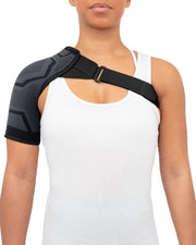 Copper Compression PowerKnit Shoulder Sleeve, the PowerKnit shoulder sleeve worn over a white top
