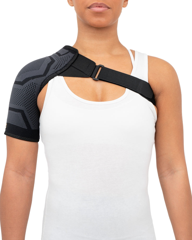 Copper Compression PowerKnit Shoulder Sleeve, the PowerKnit shoulder sleeve worn over a white top