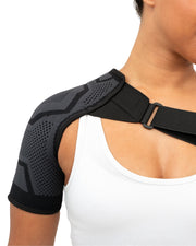 Copper Compression PowerKnit Shoulder Sleeve, the PowerKnit shoulder sleeve worn by a woman, seen from the front