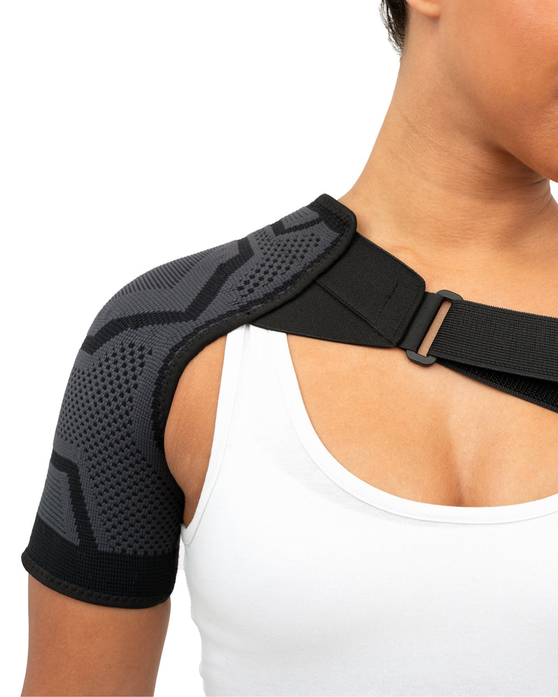 Copper Compression PowerKnit Shoulder Sleeve, the PowerKnit shoulder sleeve worn by a woman, seen from the front