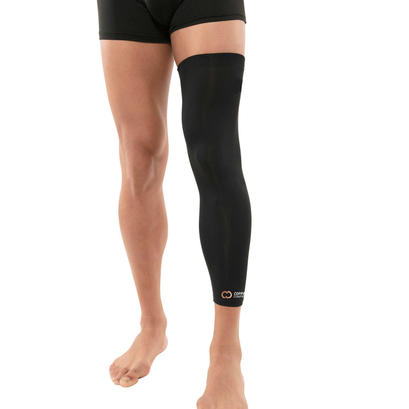 Copper Compression Full Leg Sleeve, the black full leg sleeve worn on a leg