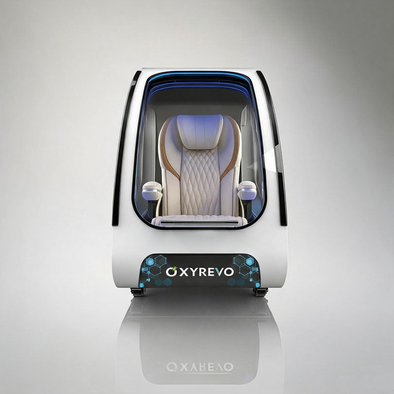 Front-on view looking through the curved transparent door of the OxyRevo Space60 Pro at the seat inside
