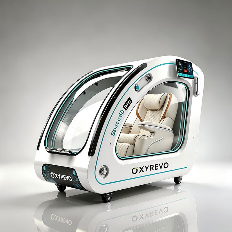 White and silver OxyRevo Space60 Pro hyperbaric pod with a beige leather seat visible through the curved glass front