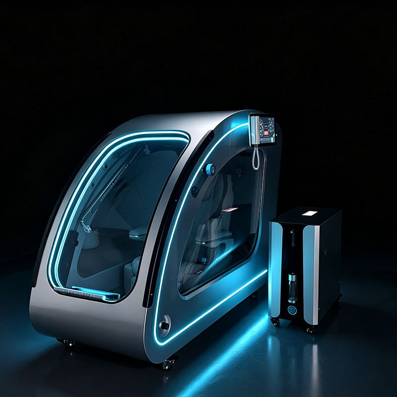 OxyRevo Space60 Pro pod in a darkened room with cyan ambient lighting lit around its perimeter