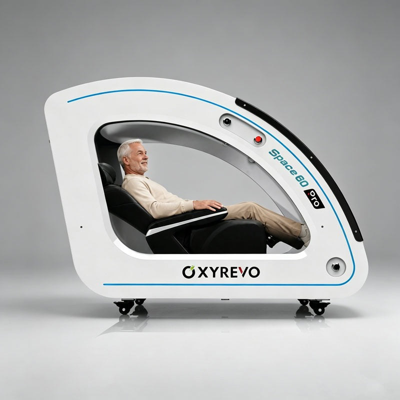 Side view of the OxyRevo Space60 Pro with a man seated upright inside the pod