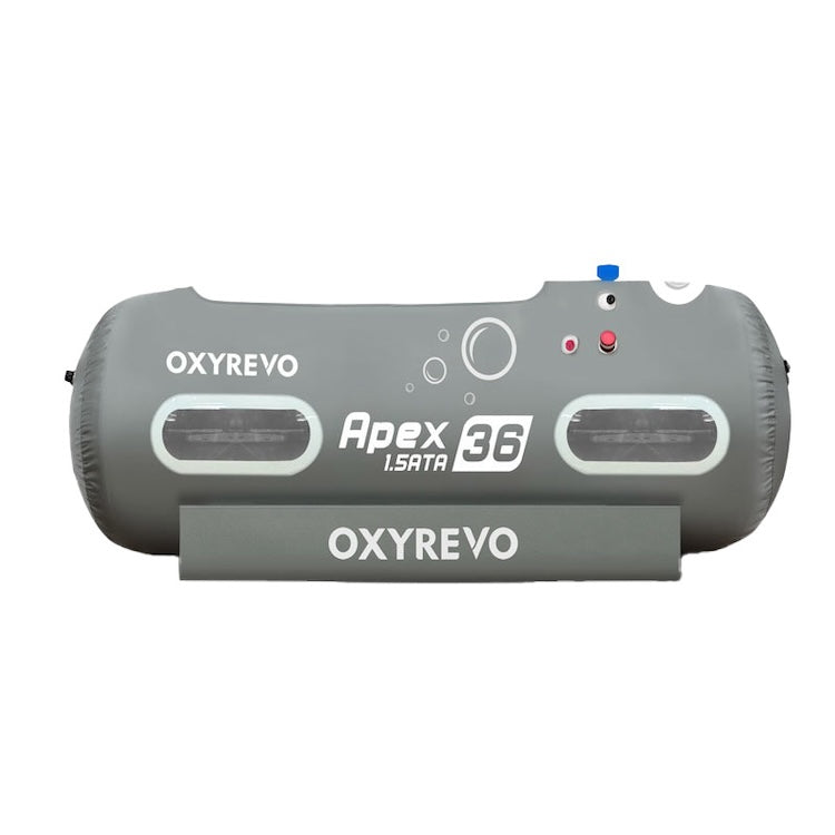 Side profile of the inflated grey OxyRevo Apex36 portable hyperbaric chamber