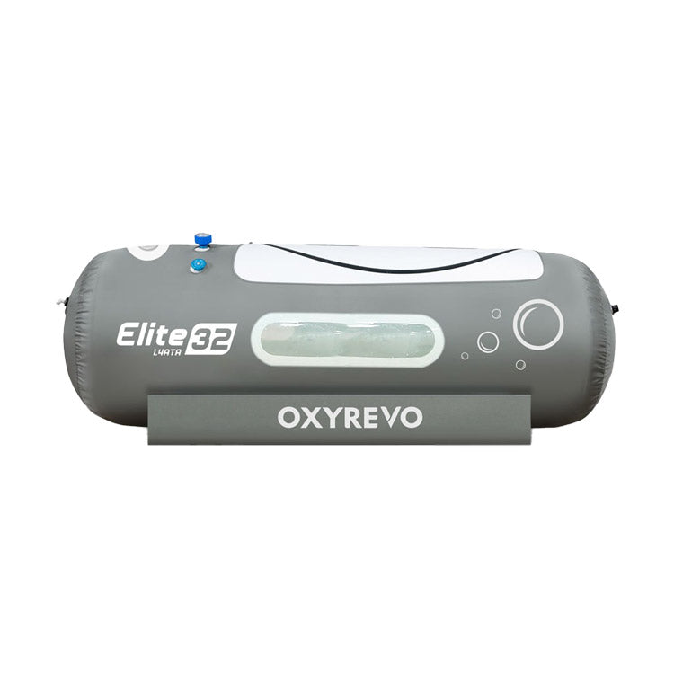 Side profile of the grey OxyRevo Elite32 chamber showing the long window running down the side