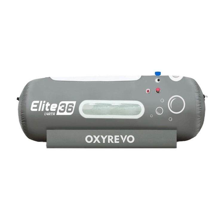 Side profile of the inflated grey OxyRevo Elite36 chamber showing the long window running down the side