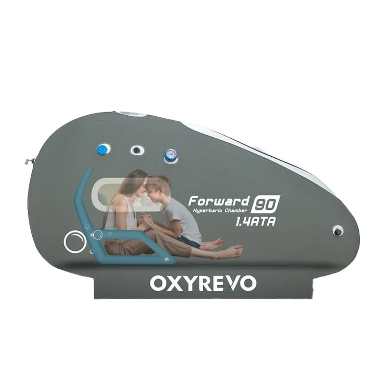 Side view of the OxyRevo Forward90 chamber with a person visible reclining inside through the long window