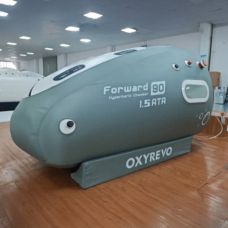 OxyRevo Forward90 hyperbaric chamber set up in a clinic treatment room