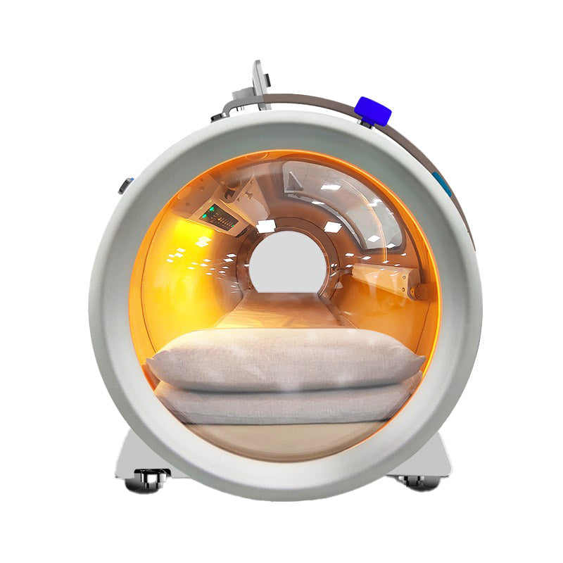 Head-on view through the circular transparent door of the OxyRevo Quest30 showing the mattress and cabin interior