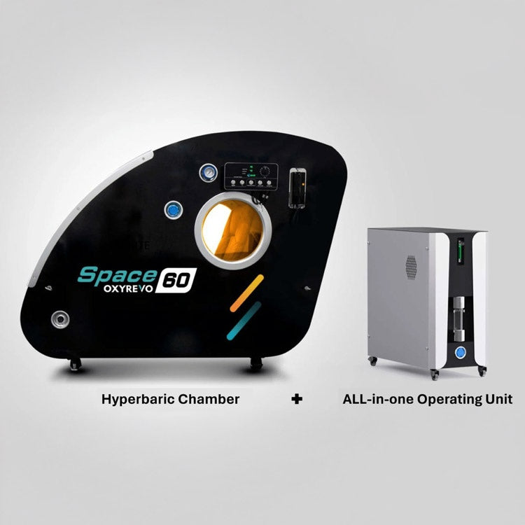 OxyRevo Space60 chamber shown beside its all-in-one operating unit