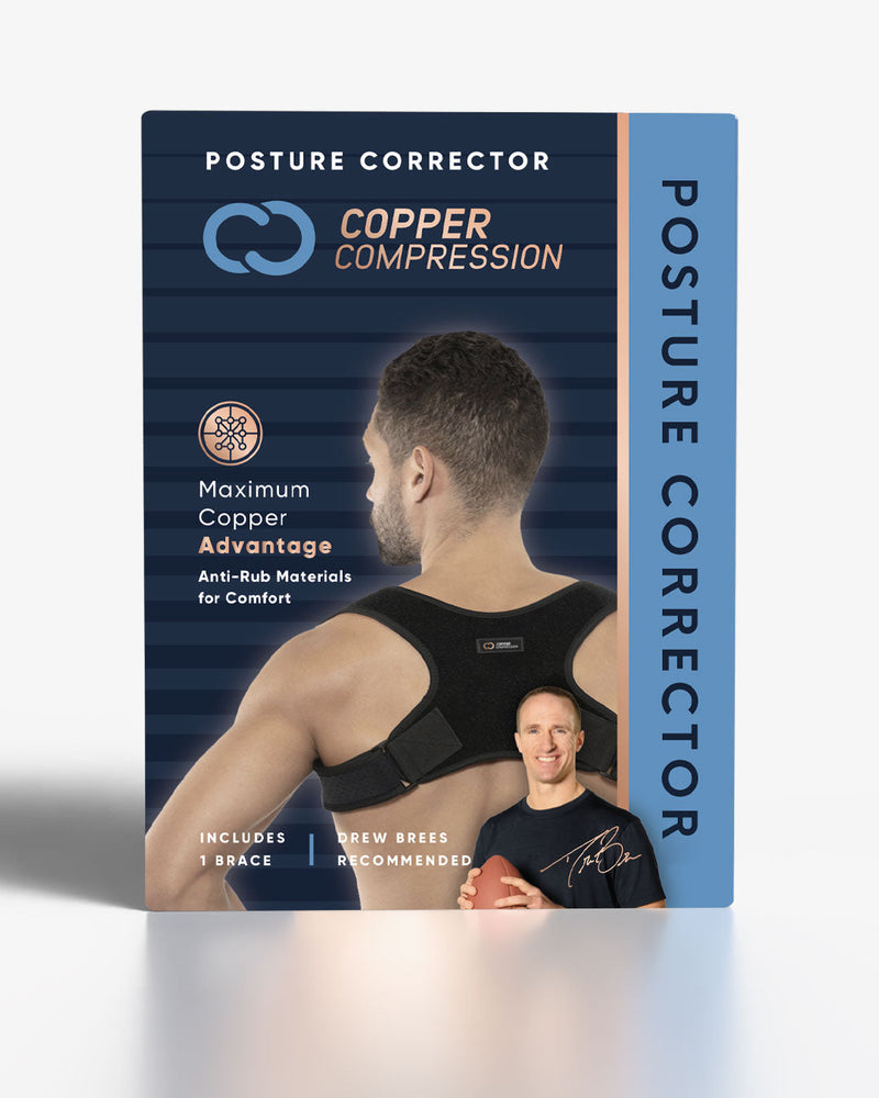 Copper Compression Posture Corrector, the retail box for the posture corrector, with Drew Brees on the front