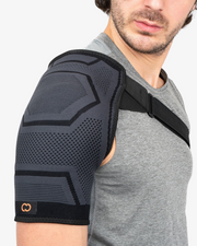 Copper Compression PowerKnit Shoulder Sleeve, the grey and black PowerKnit shoulder sleeve worn by a man