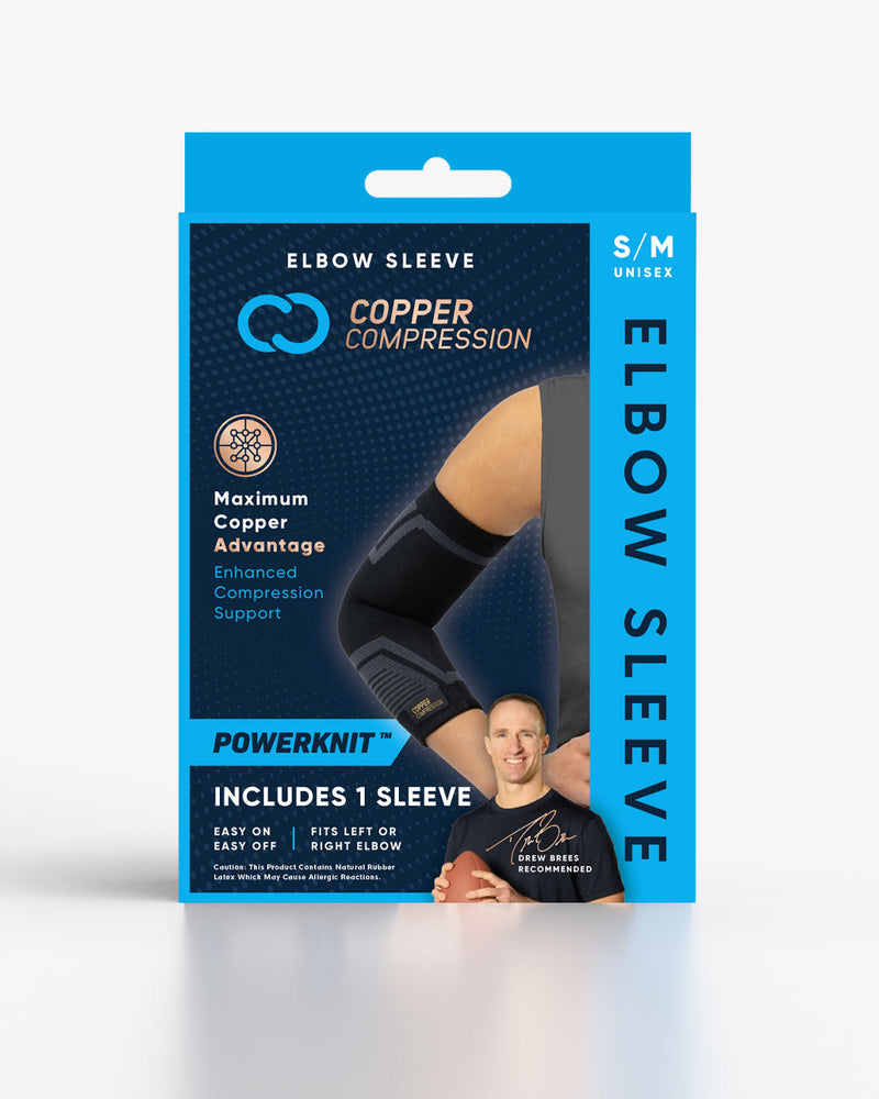Copper Compression PowerKnit Elbow Sleeve, the retail box for the PowerKnit elbow sleeve in size S/M