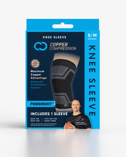Copper Compression PowerKnit Knee Sleeve, the retail box for the PowerKnit knee sleeve in size S/M, with Drew Brees on the front