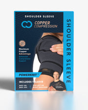 Copper Compression PowerKnit Shoulder Sleeve, the retail box for the PowerKnit shoulder sleeve, marked easy on, easy off