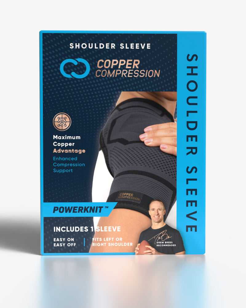 Copper Compression PowerKnit Shoulder Sleeve, the retail box for the PowerKnit shoulder sleeve, marked easy on, easy off