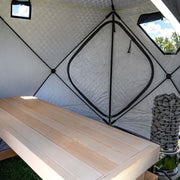 Interior looking along the bench, window panel above