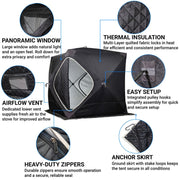 Feature callout graphic: panoramic window, thermal insulation, easy setup, airflow vent, heavy-duty zippers, anchor skirt