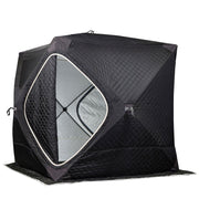 SaunaTrekker cube sauna tent closed on a white background with the panoramic window panel showing