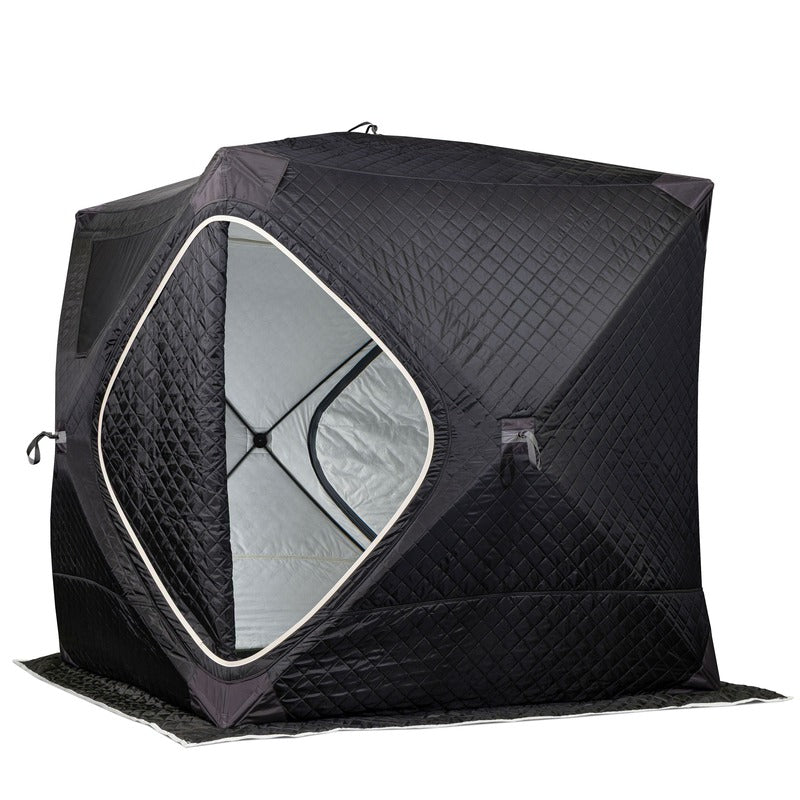 SaunaTrekker cube sauna tent closed on a white background with the panoramic window panel showing