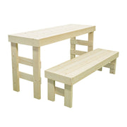 Two pale wooden benches on a white background, one tall and one low