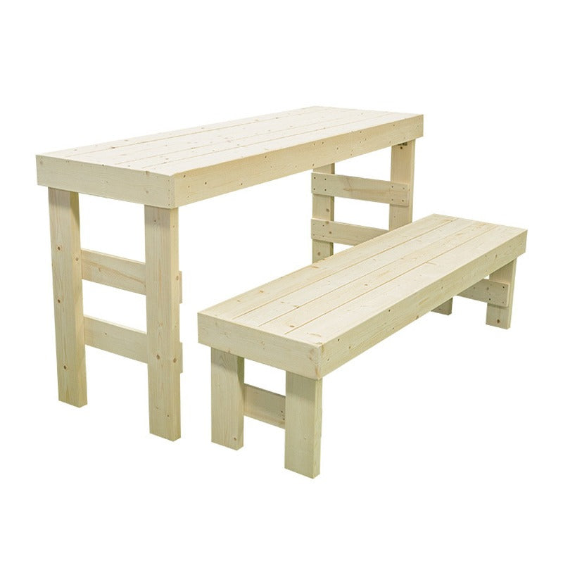 Two pale wooden benches on a white background, one tall and one low