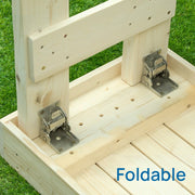 Underside of a bench showing the folding hinge hardware, captioned "Foldable"
