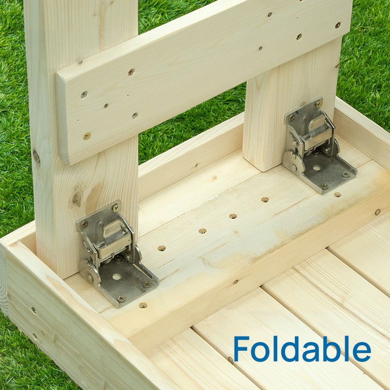 Underside of a bench showing the folding hinge hardware, captioned "Foldable"