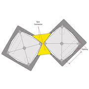Diagram of two tent footprints joined at a corner, the connector panel shaded, labelled "Tent Connector" and "Opening"
