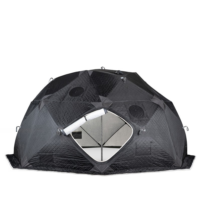 SaunaTrekker XL dome tent on white, straight on, with the window panel centered