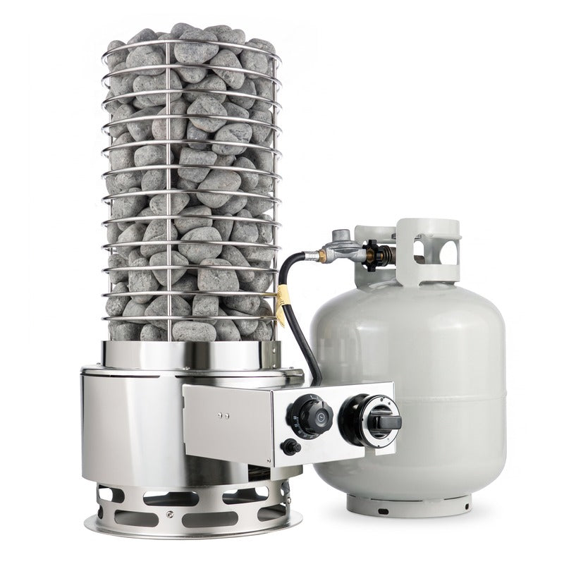 Heater and propane tank on white, hose coiled
