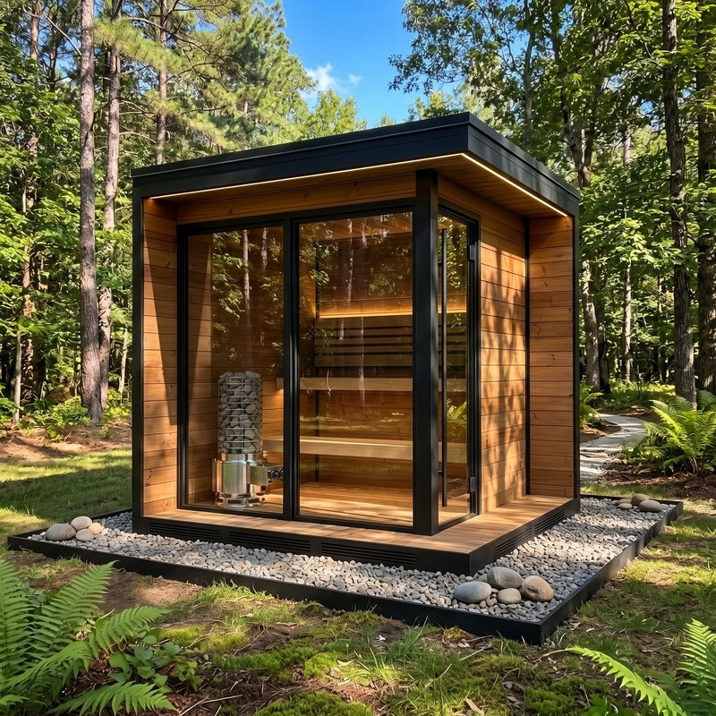 Heater in a cedar-clad outdoor cabin in woodland, full room shot