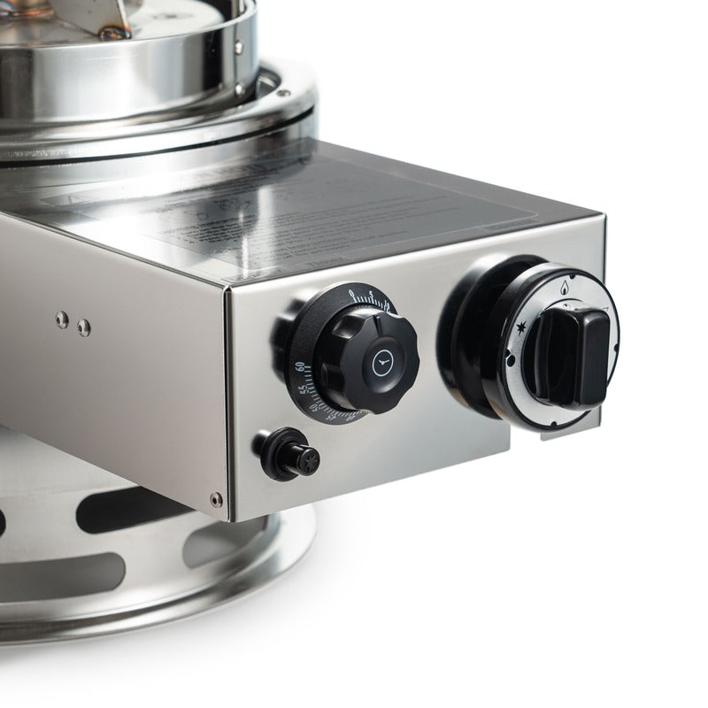 Top of the burner base in close-up, two control dials and the data plate