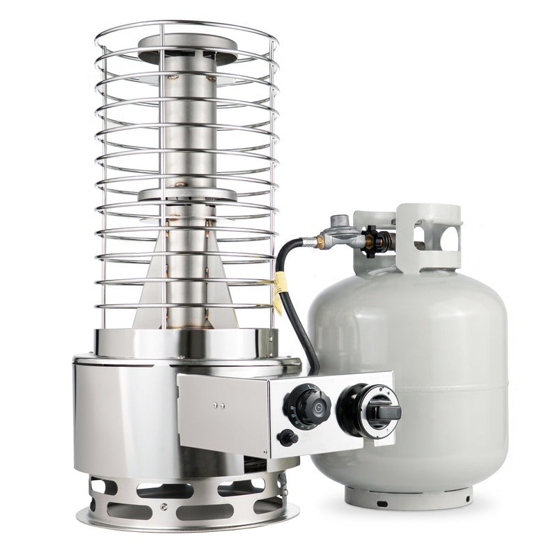Heater on white with the propane tank beside it, regulator hose connected