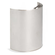 Sauna heater on a white background with a curved stainless panel fitted behind it