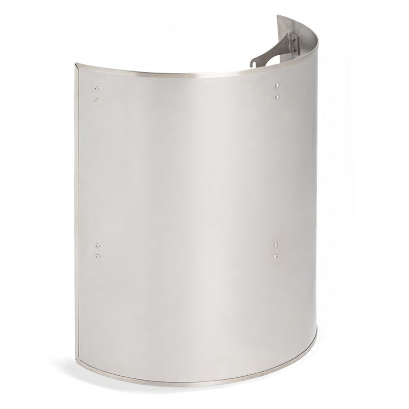 Sauna heater on a white background with a curved stainless panel fitted behind it