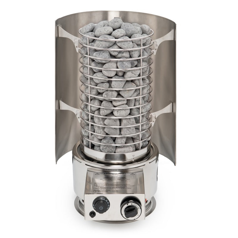 Heater with shield on white, three-quarter