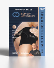 Copper Compression Shoulder Brace, the retail box for the shoulder brace, with Drew Brees on the front