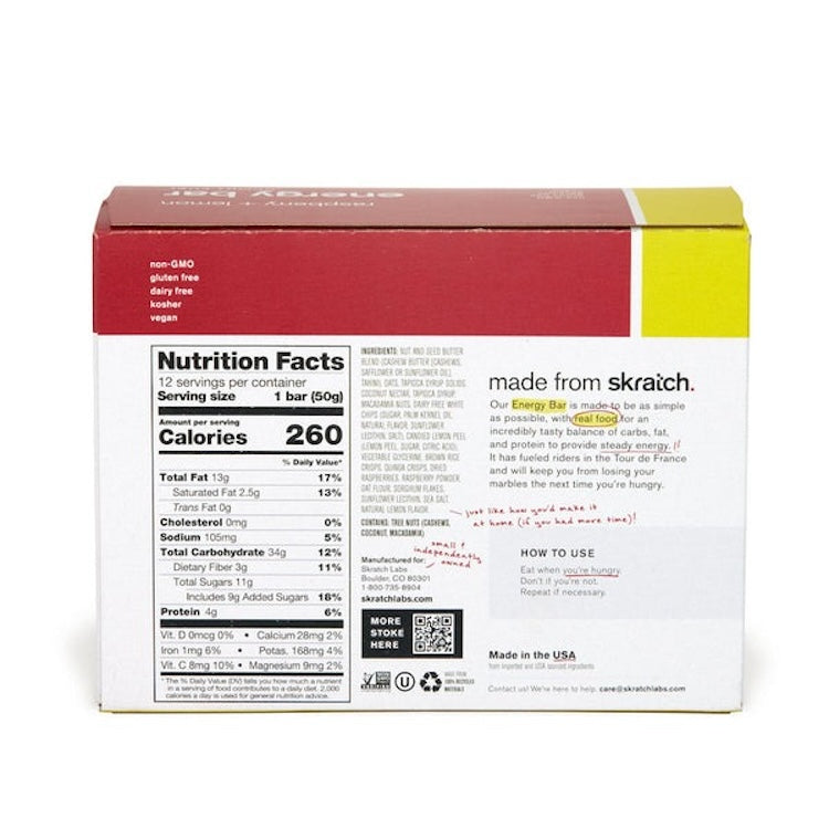 Skratch Labs Raspberries and Lemon Energy Bar Sport Fuel - 12 Pack