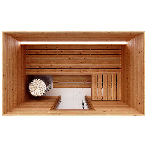 SaunaLife HOME Series kit, 4 x 7 ft Knotty Cedar room seen from above