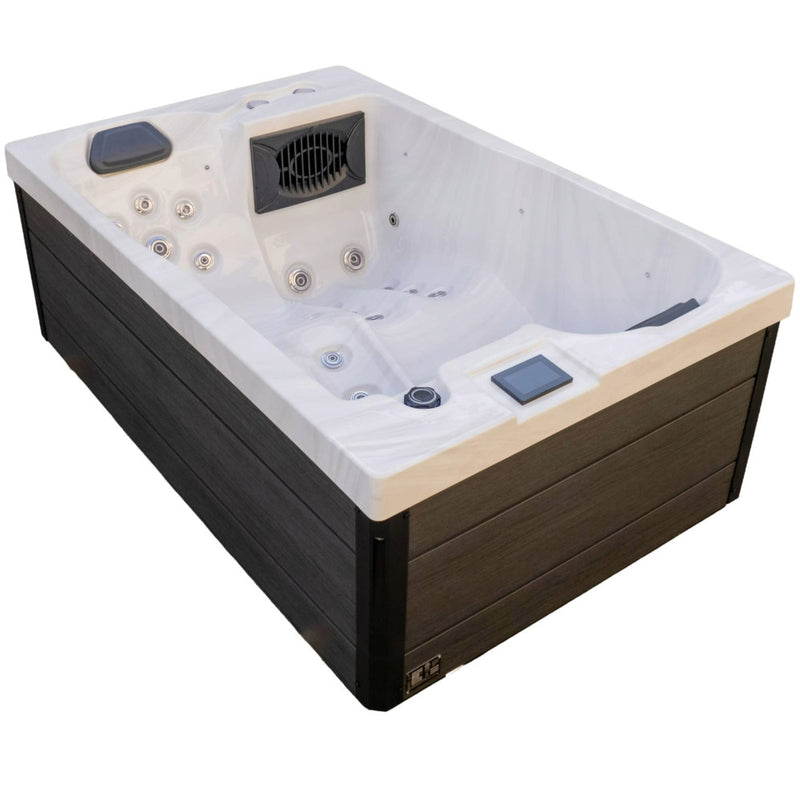 Luxury Spas Cascade 2-Person Hot Tub, white shell on a gray cabinet