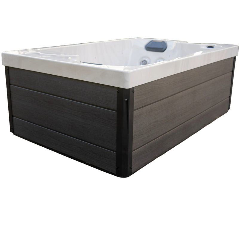 Luxury Spas Cascade 2-Person Hot Tub, the gray cabinet panels