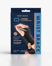 Copper Compression Advanced Wrist Brace, the retail box for the wrist brace, marked for a right or left hand