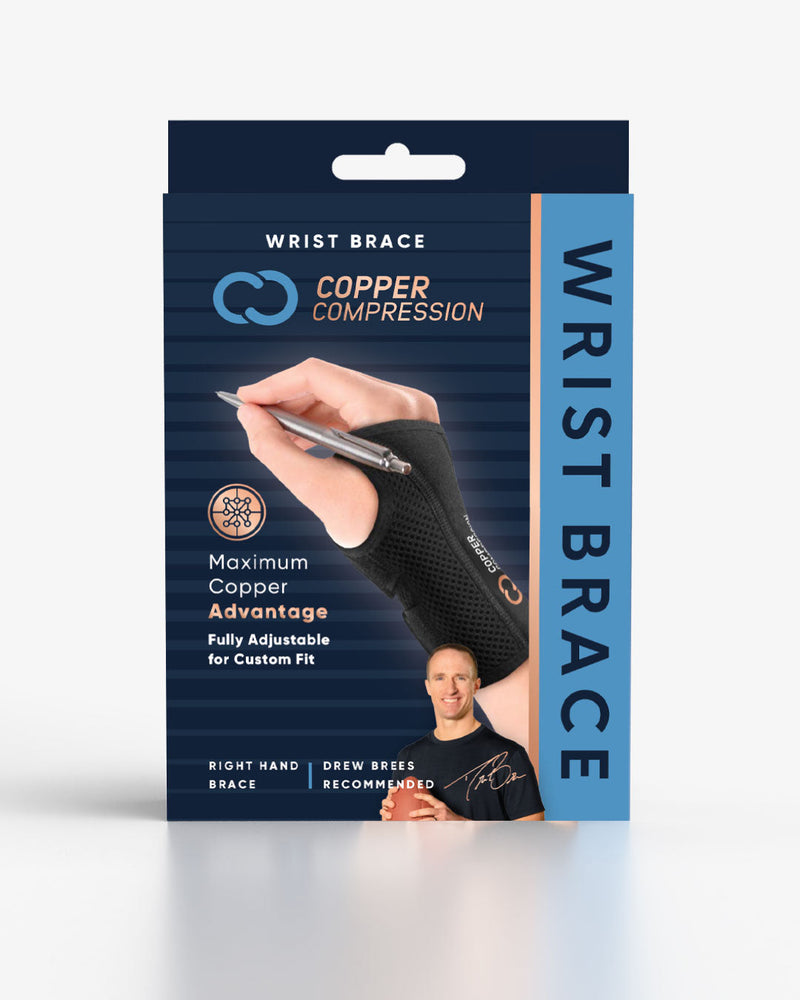 Copper Compression Advanced Wrist Brace, the retail box for the wrist brace, marked for a right or left hand