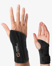Copper Compression Advanced Wrist Brace, the black wrist brace with its splint, shown on both hands